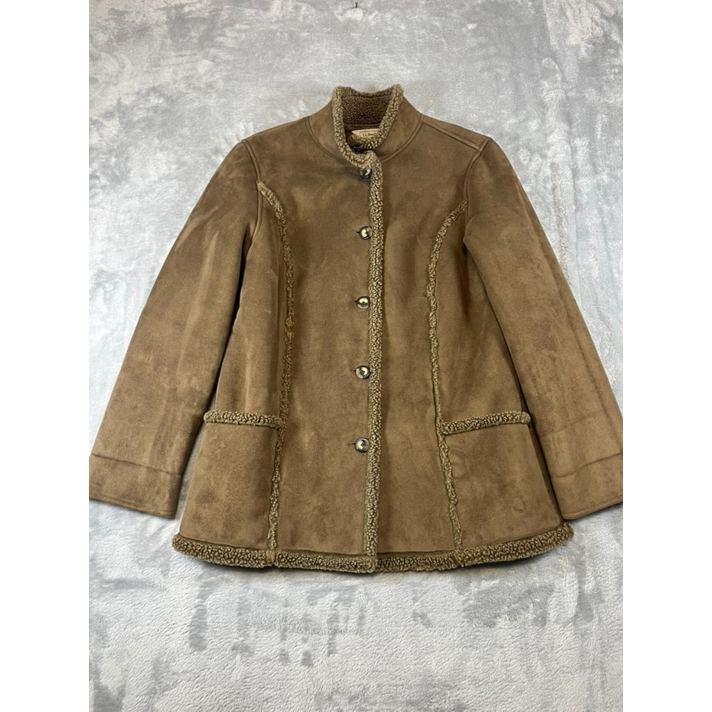LL Bean Women Large Petite Tan Faux Suede Sherpa Lined Shearling Barn Chore Coat